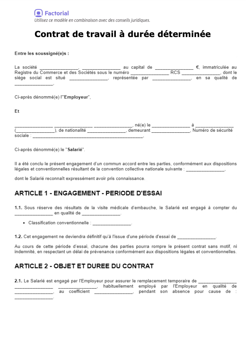 Modèle de contrat CDD Factorial