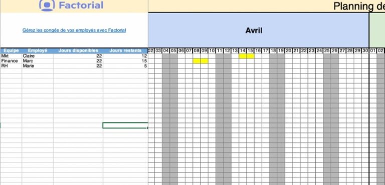 Planning congés Excel 2023 Modèle gratuit à télécharger Factorial