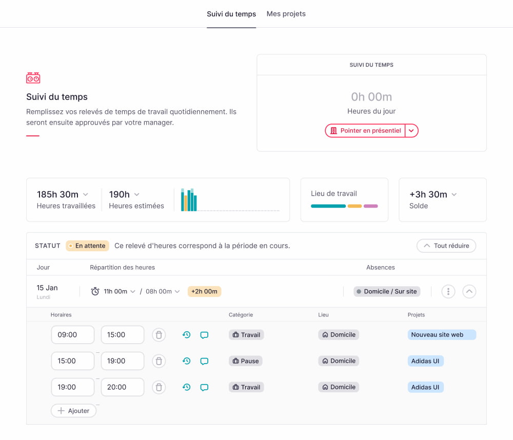 Vu de la plateforme du logiciel de gestion des temps de Factorial