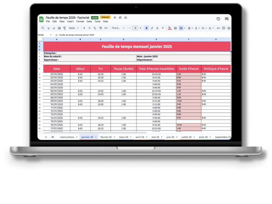 Tableau pour calculer les heures de travail